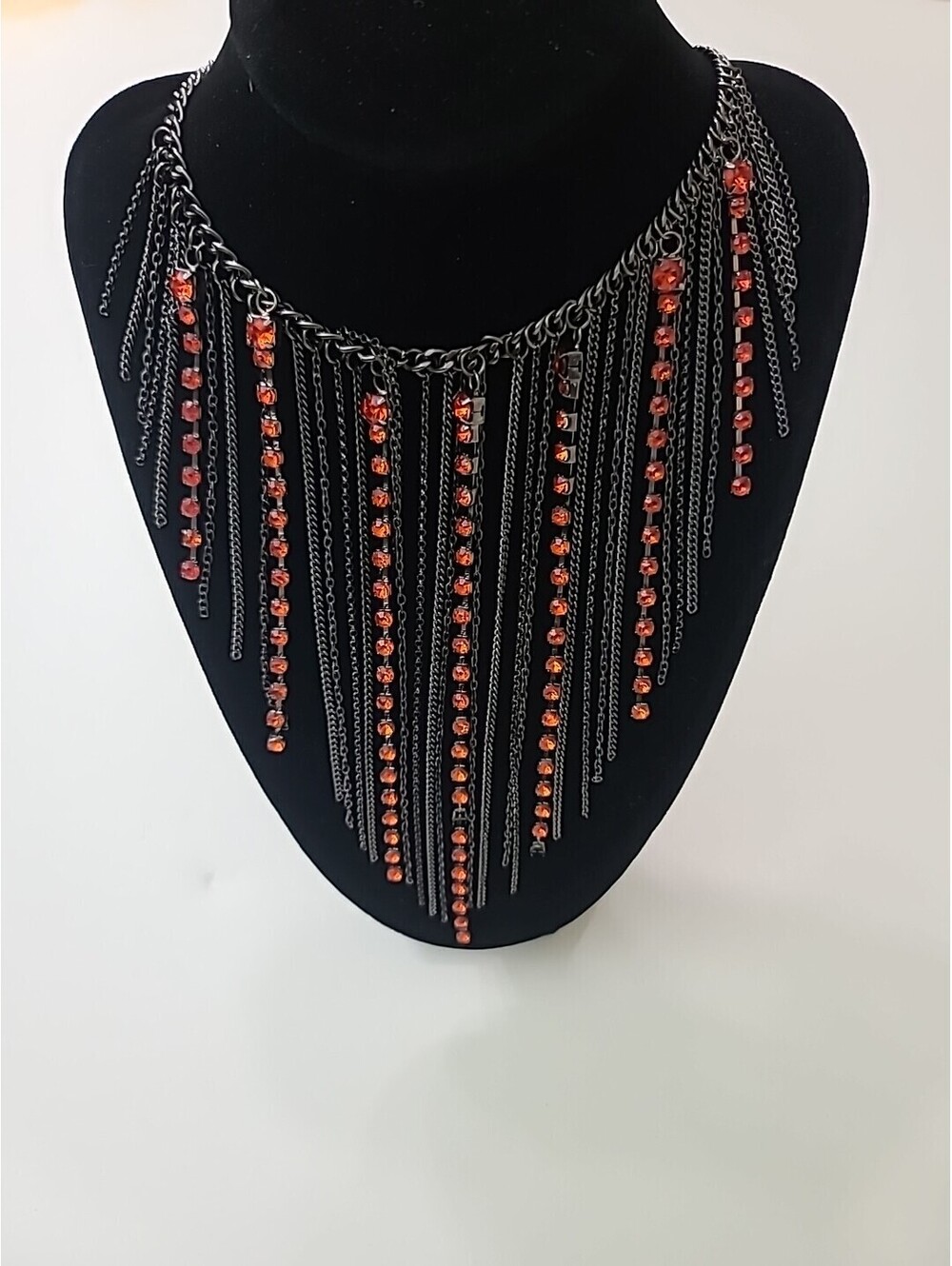 ROBERT ROSE Gunmetal Red Jeweled Statement Necklace